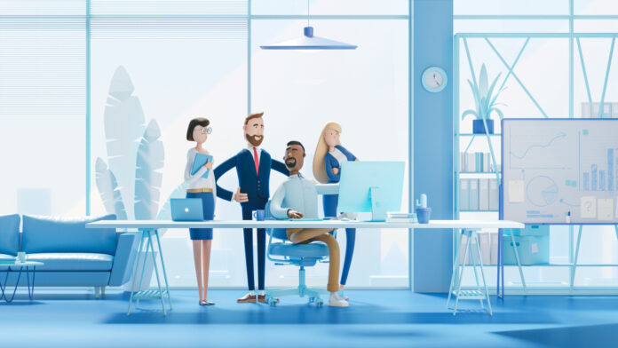 A team of employees works on the computer. Modern office. 3d illustration. Cartoon characters. Business teamwork concept. Blue Background.