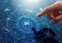 Robotic processes automation and data analysis. Businessman touching head and AI icon on application network system.