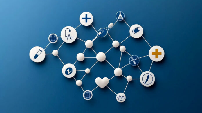 Modern Healthcare Network with Medical Icons on Blue Background Diverse zorg pictogrammen met elkaar verbonden