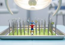 Voetbalveld met gereedschap tandartsen.