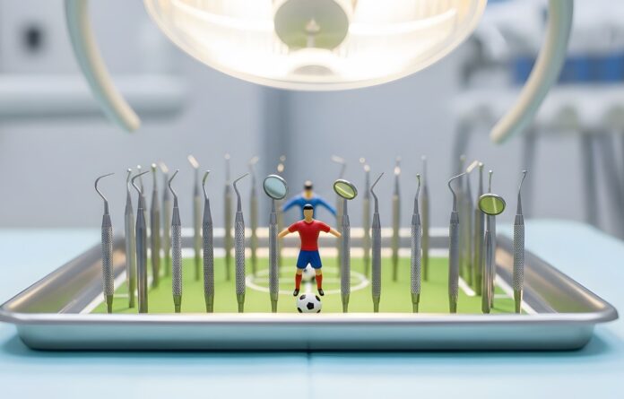 Illustratie Foto Adobe Stock, AI-gegenereerd Voetbalveld met gereedschap tandartsen.