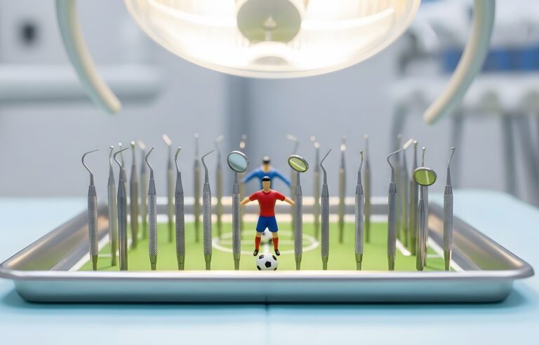 Mondgezondheid en sportprestatie Voetbalveld met gereedschap tandartsen.